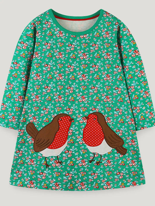 Children's Floral Print Bird Long Sleeve Dress Green