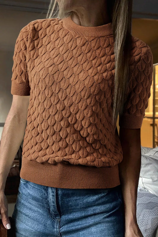 Textured Knit Short Sleeve Pullover Brown