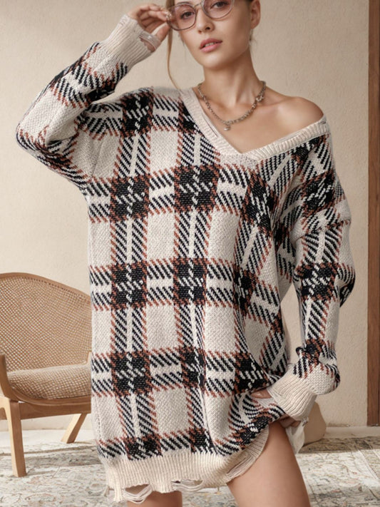 Distressed Plaid V-Neck Long Sleeve Sweater Dress Tan One Size