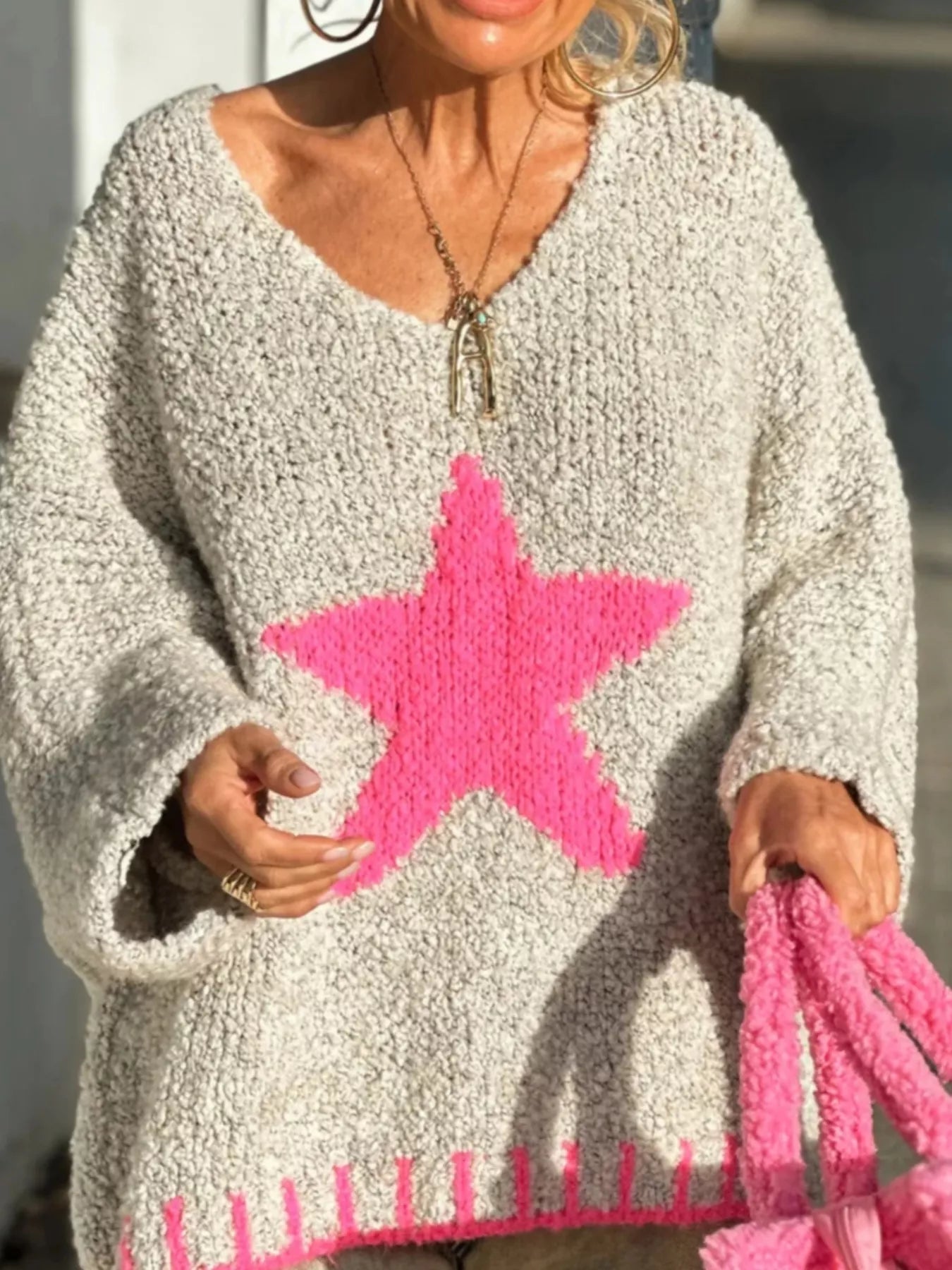 Star V-Neck Long Sleeve Sweater