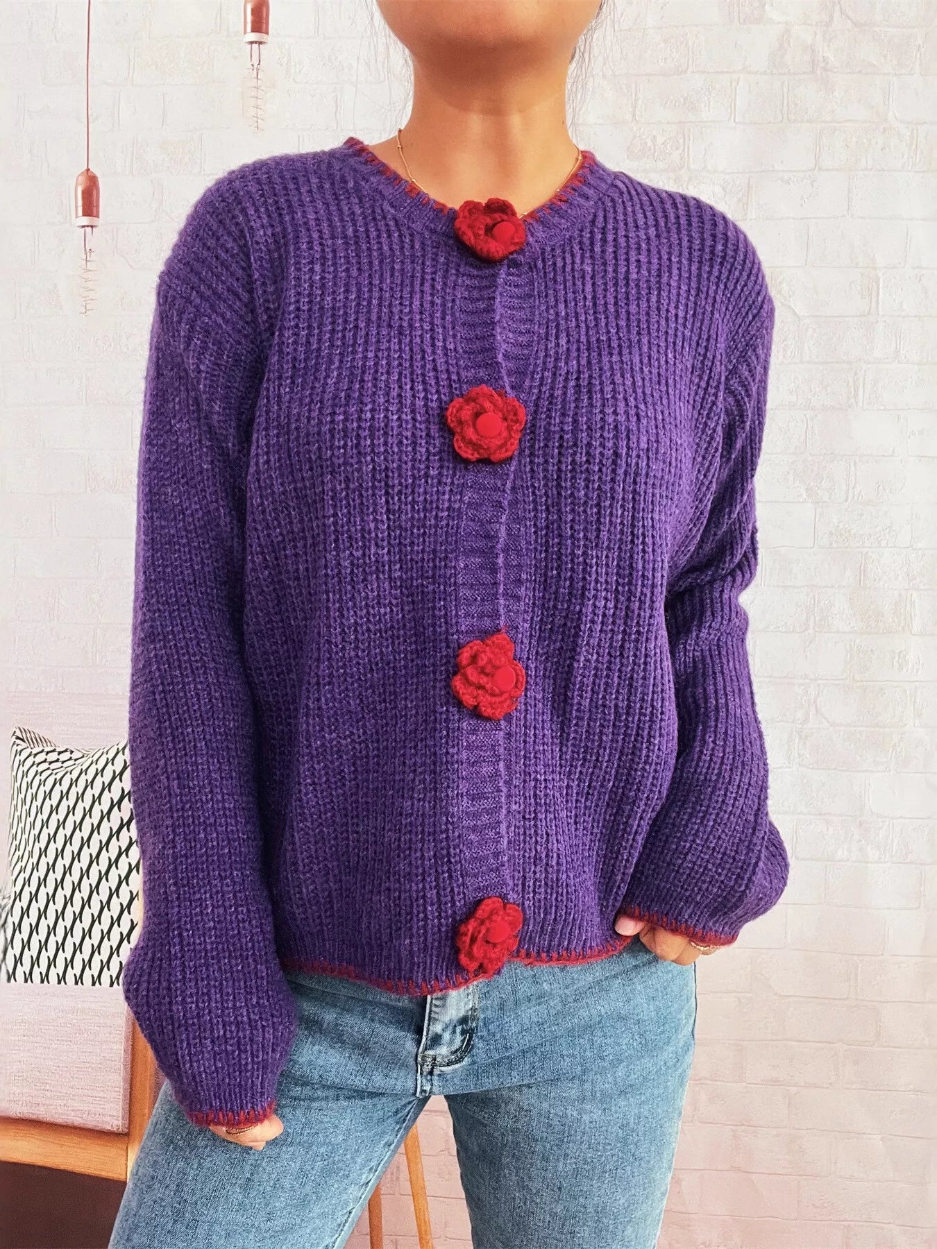 Flower Button Long Sleeve Cardigan