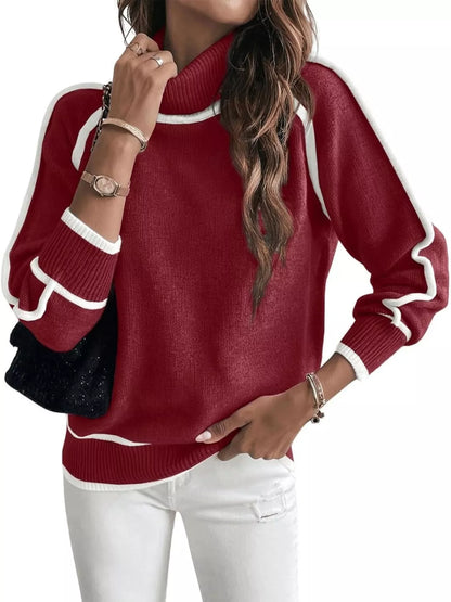 Full Size Turtleneck Contrast Trim Sweater Plus Size Cerise
