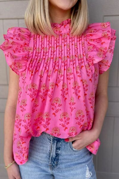 Ruffled Printed Mock Neck Cap Sleeve Blouse Hot Pink