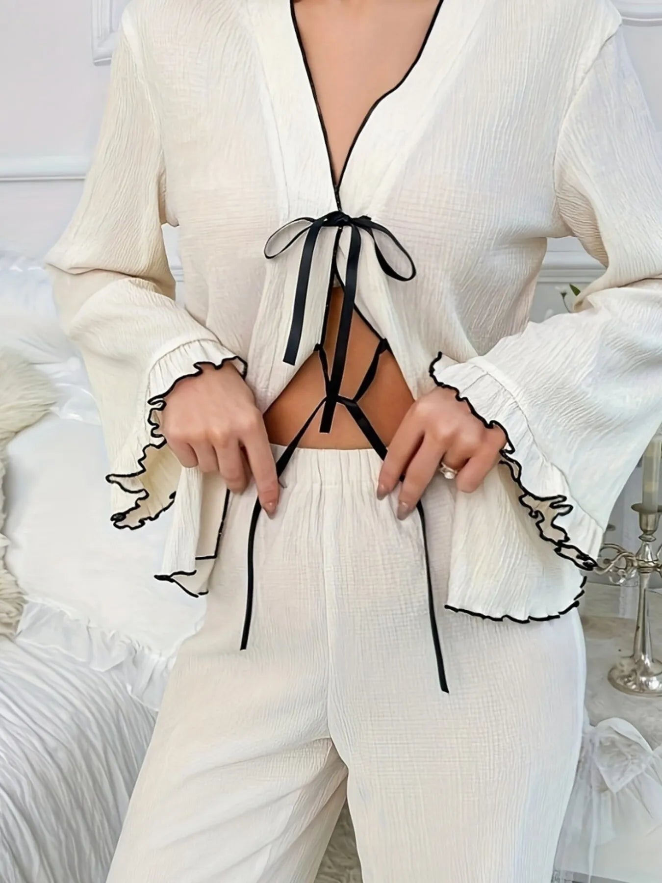 Contrast Trim Bow Tie Shirt and Pants Lounge Set