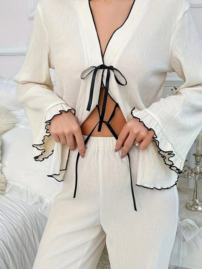 Contrast Trim Bow Tie Shirt and Pants Lounge Set