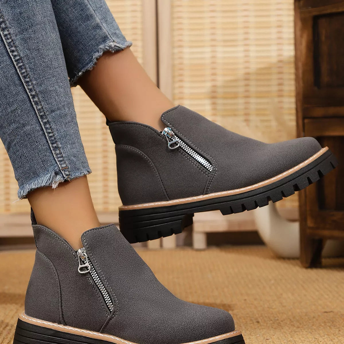 Ankle Boots with Zipper Accent Dark Gray