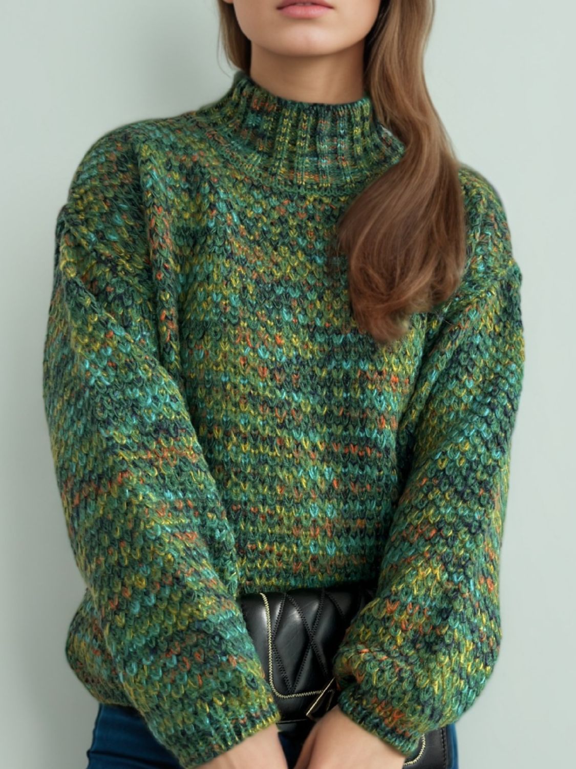 Heathered Turtleneck Dropped Shoulder Sweater Dark Green One Size