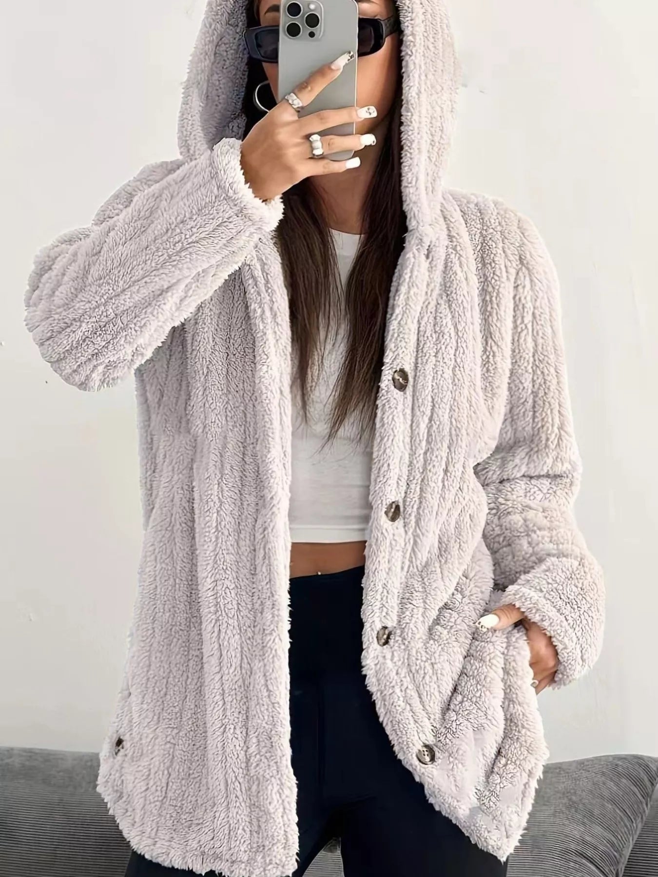 Cozy Oversized Hooded Button-Up Jacket