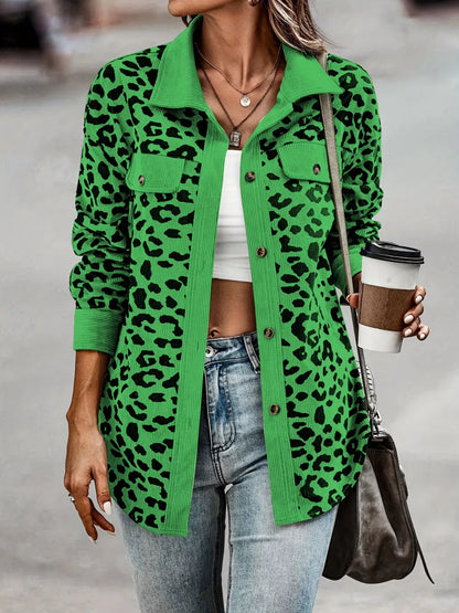 Full Size Leopard Print Button-Down Jacket Plus Size Grass Green