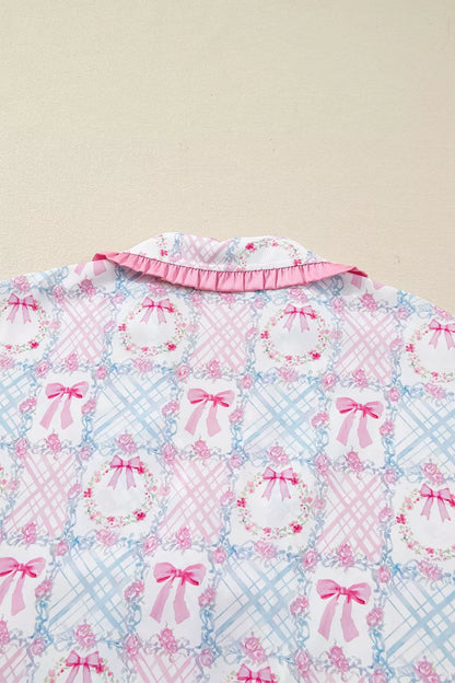 Wreath Pattern Christmas Tied Front Long Sleeve 2pcs Pajama Set