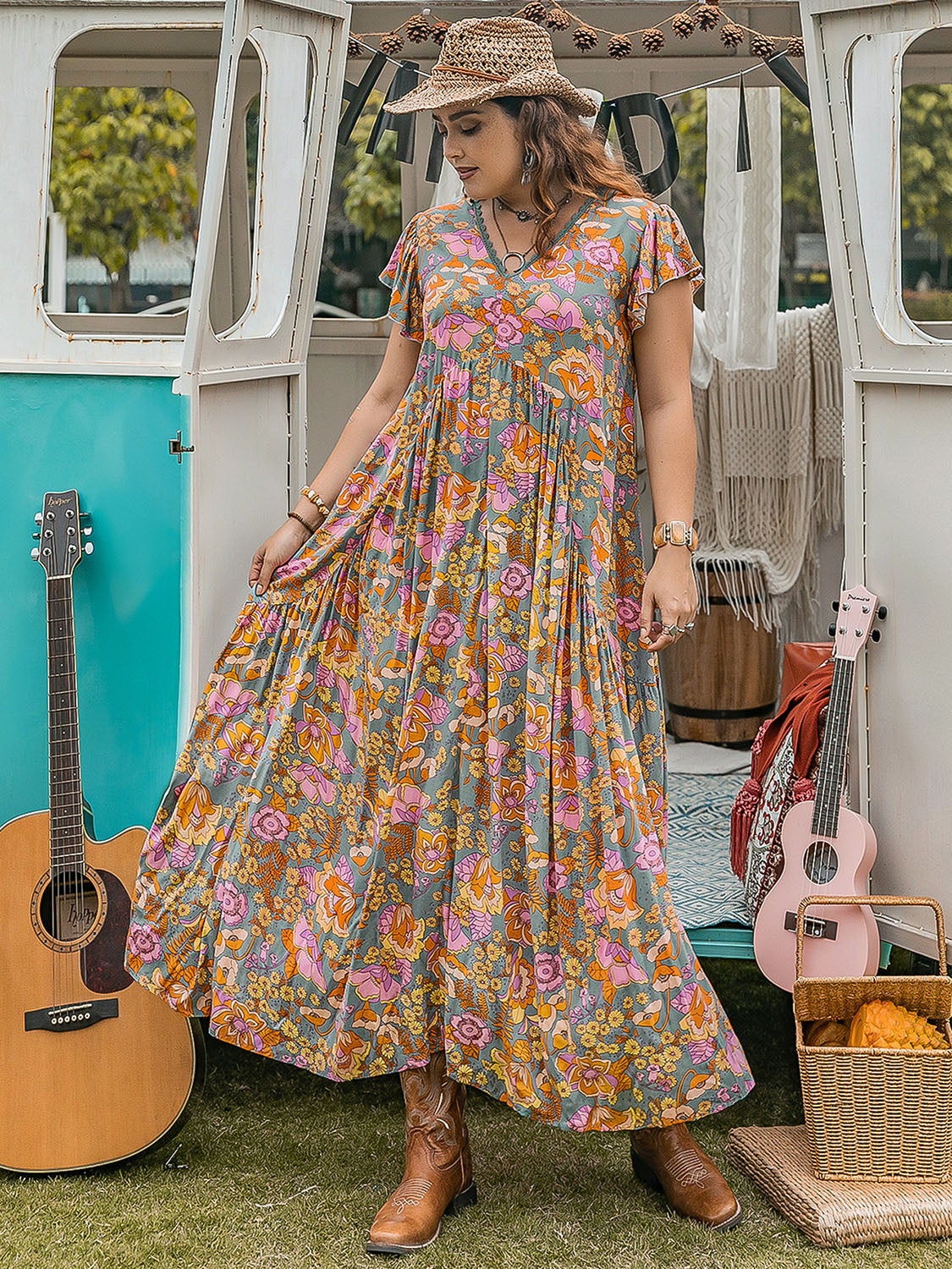 Plus Size Ruffled Printed Cap Sleeve Dress Flower-Color