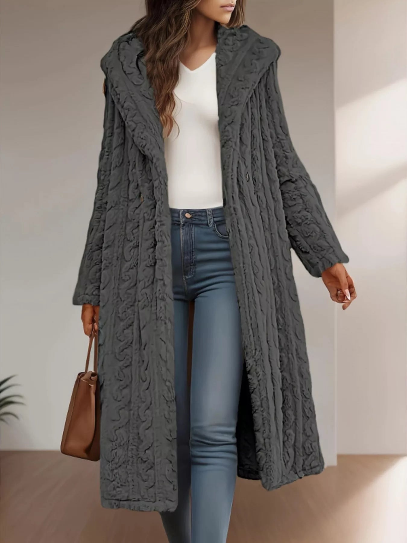 Cozy Hooded Button Up Longline Outerwear Gray