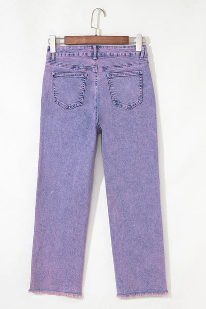 Washed Raw Hem Cropped Jeans
