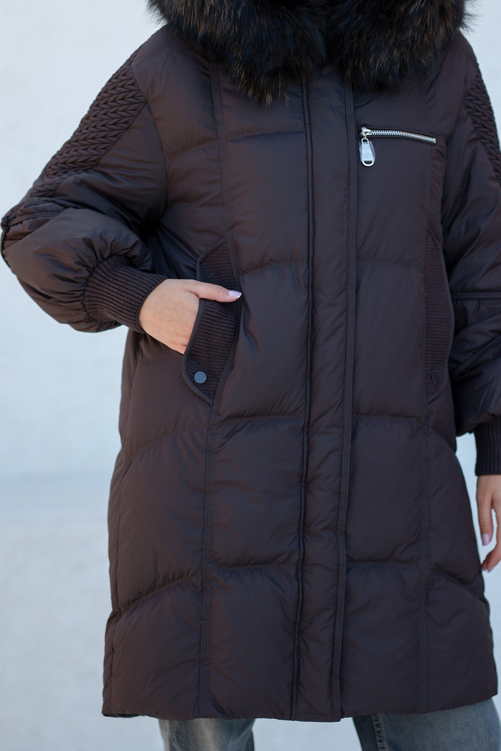 Dakota Genuine Fur Trim Down Fill Coat in Chocolate