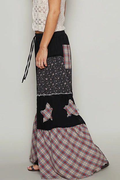 POL Drawstring Star Patch Contrast Wide Leg Pants
