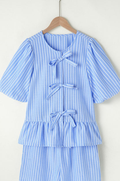 Striped Bowknot Detail Puff Sleeve Top and Shorts Set