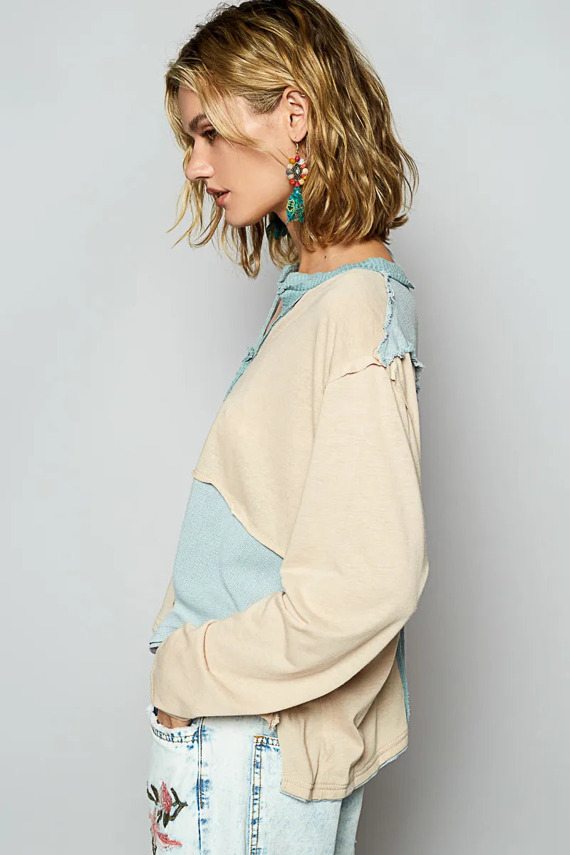 POL Color Block Notched Long Sleeve T-Shirt