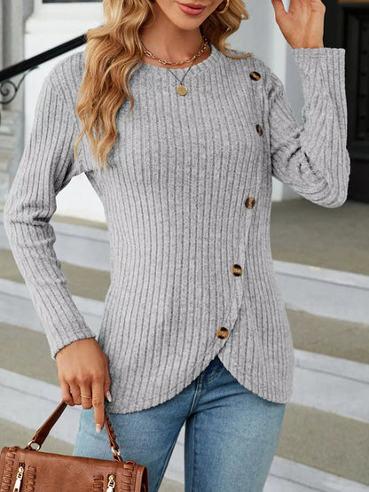 Ribbed Knit Decor Button T-Shirt