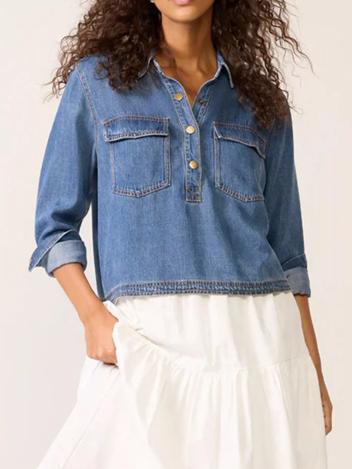 Half Snap Cropped Denim Top