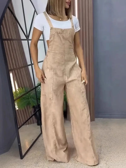 Full Size Wide Leg Washed Denim Overalls Plus Size Khaki