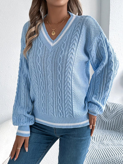 Cable Knit V-Neck Long Sleeve Sweater