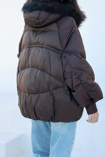 Chantal Genuine Fur Trim Down Fill Coat in Chocolate