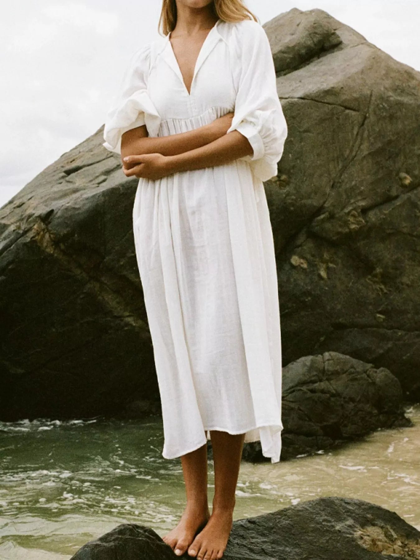 Tie Neck 3/4 Sleeve Midi Dress