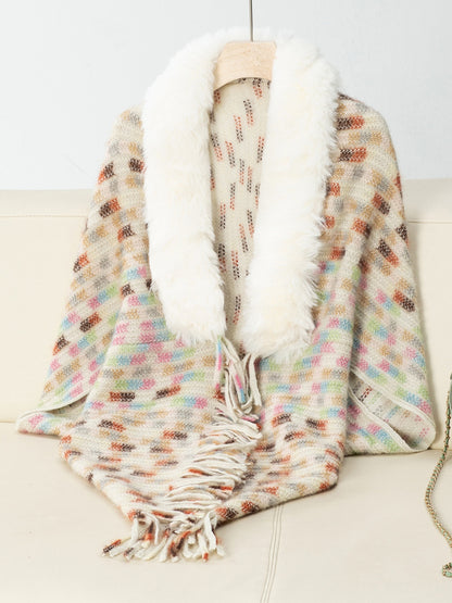 Fringe Fuzzy Open Front Poncho Khaki One Size