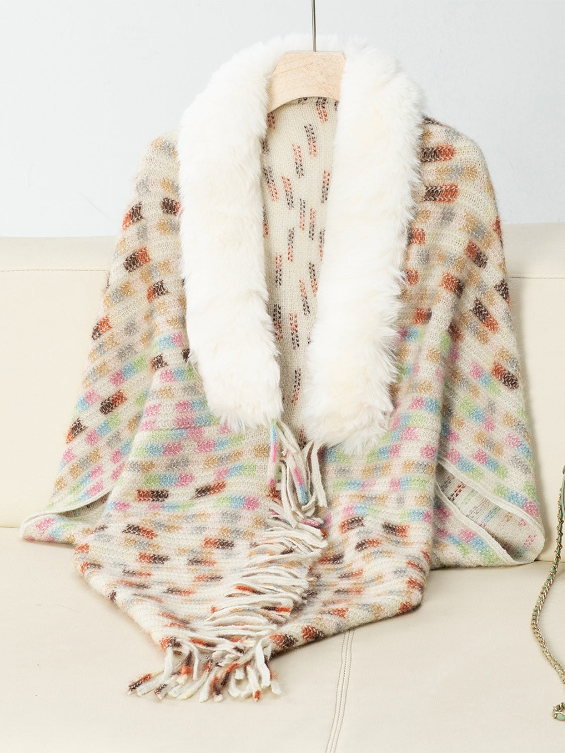 Fringe Fuzzy Open Front Poncho Khaki One Size