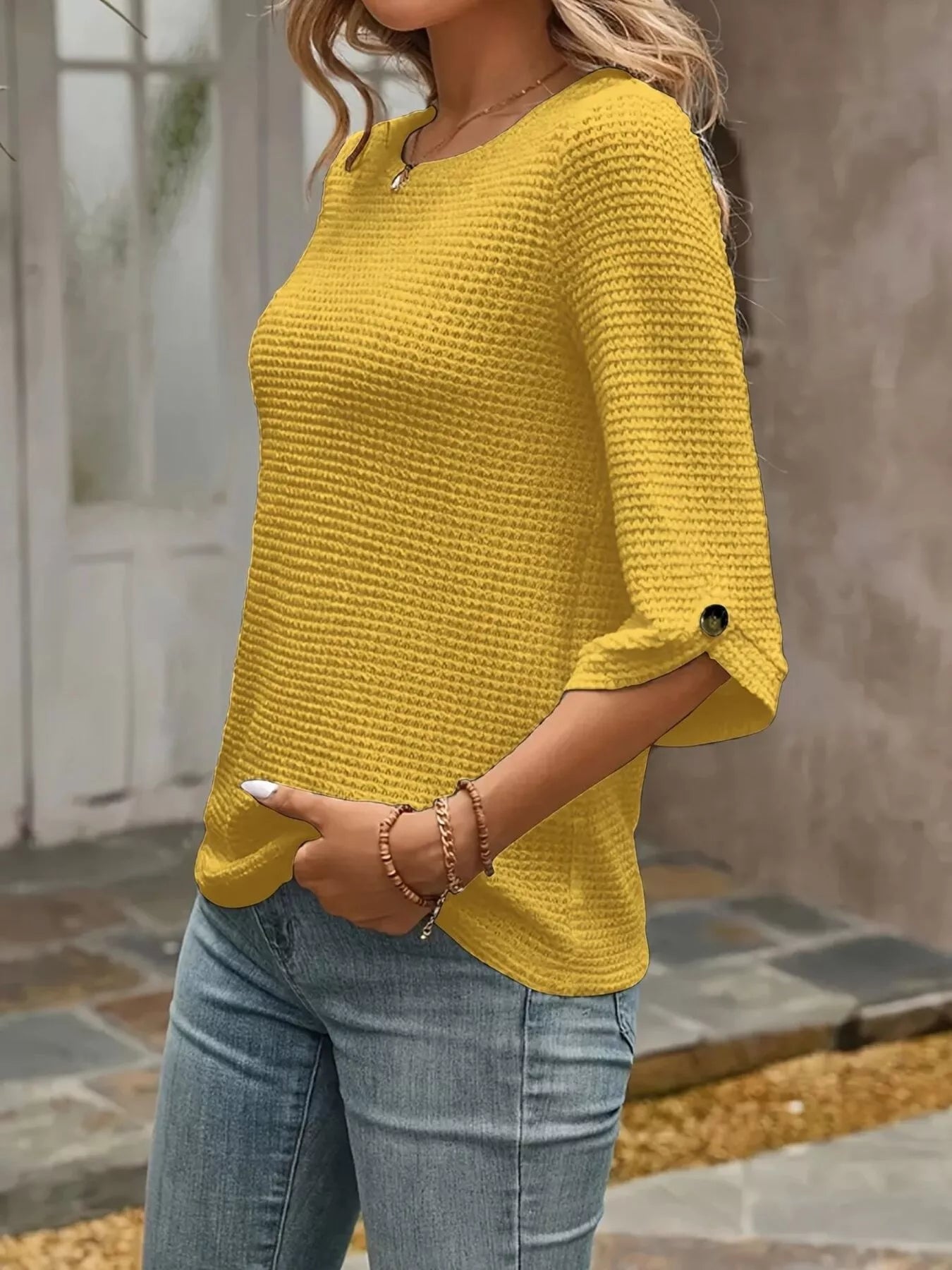 Waffle-Knit Round Neck Knit Top