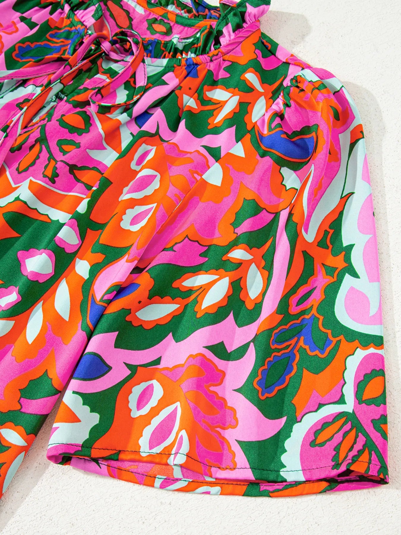 Tropical Print Short Sleeve Tie Neck Blouse