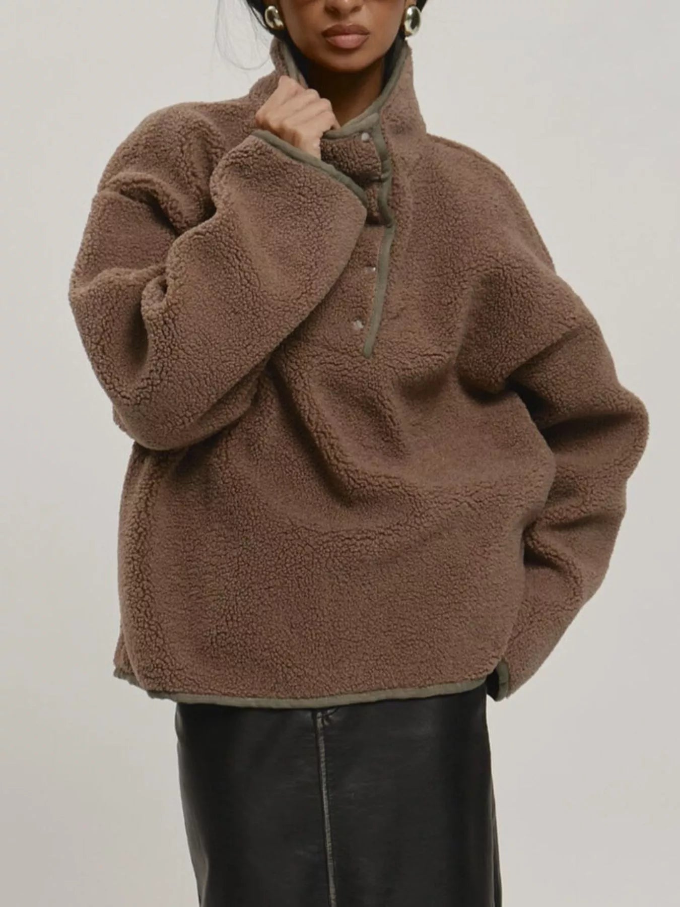 Cozy Sherpa Dropped Shoulder Sweatshirt Brown