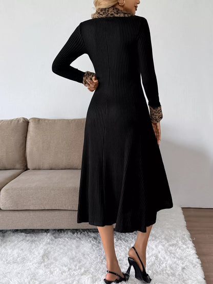 Leopard Cuff Johnny Collar Midi Dress