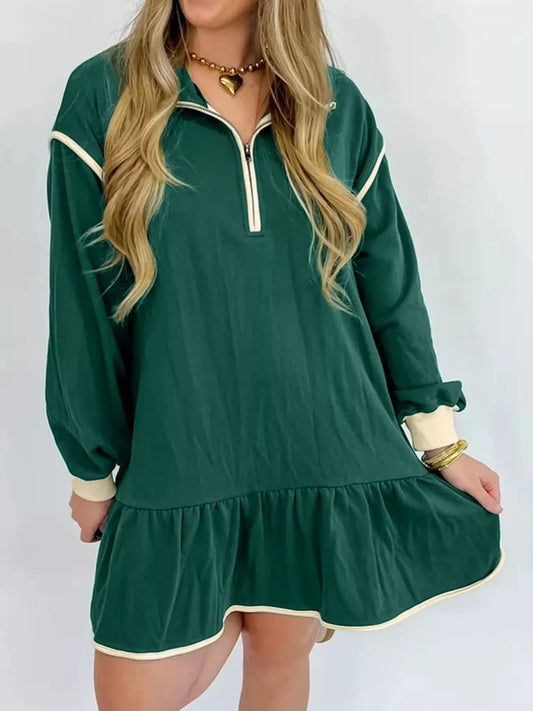 Ruffled Hem Dropped Shoulder Mini Dress Dark Green