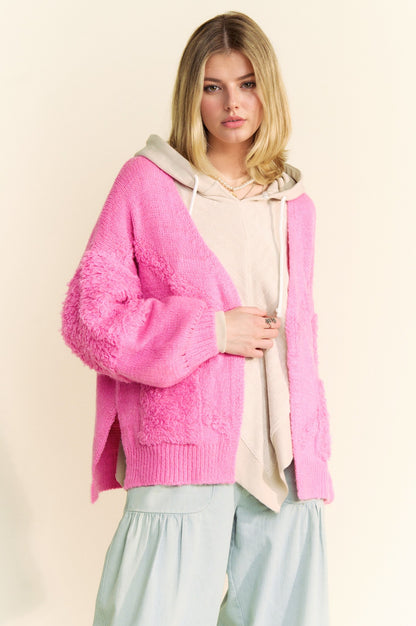 Back To School Sweater - Davi & Dani Side Slit Open Front Long Sleeve Cardigan Pink