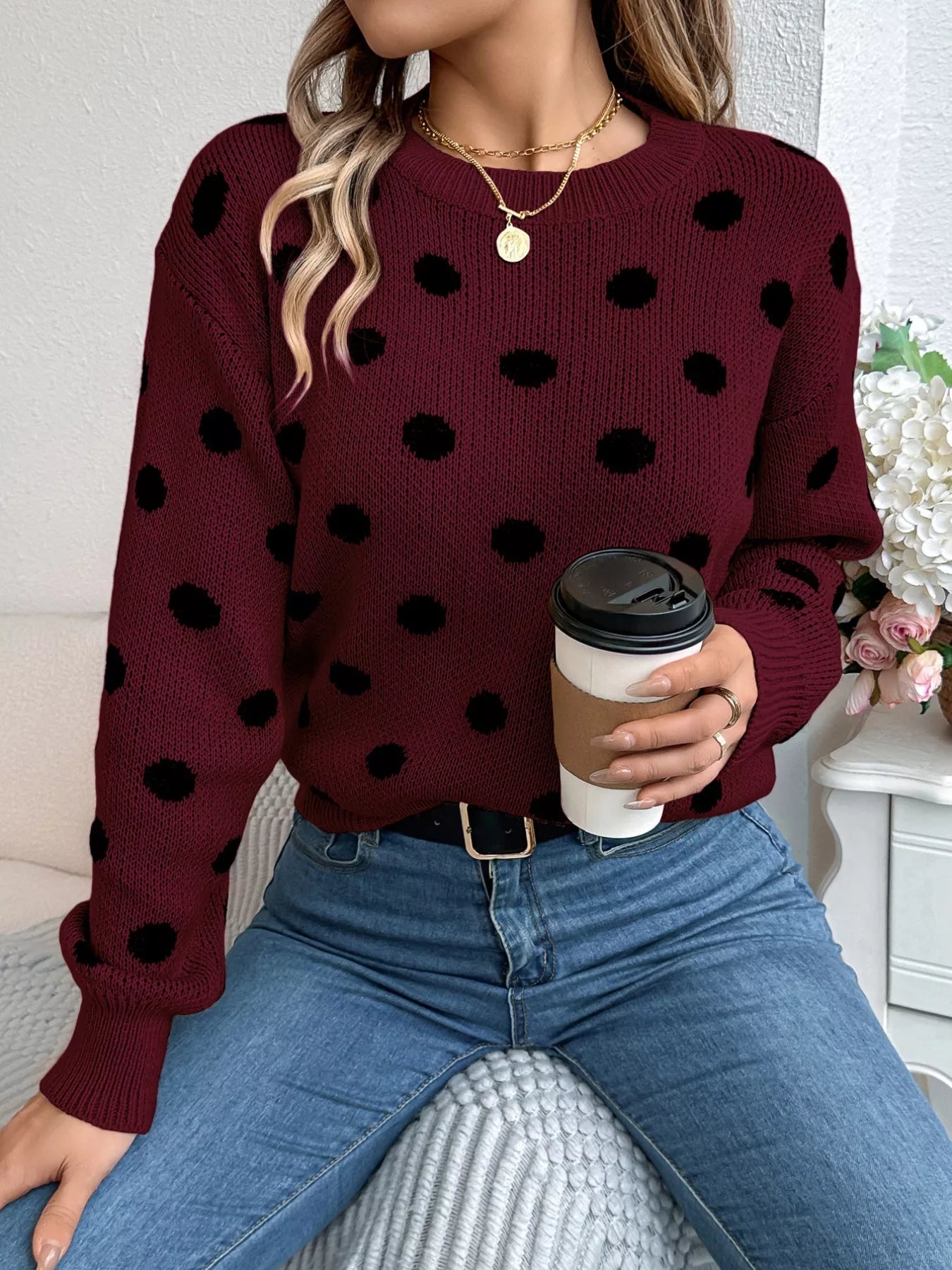 Polka Dot Round Neck Sweater
