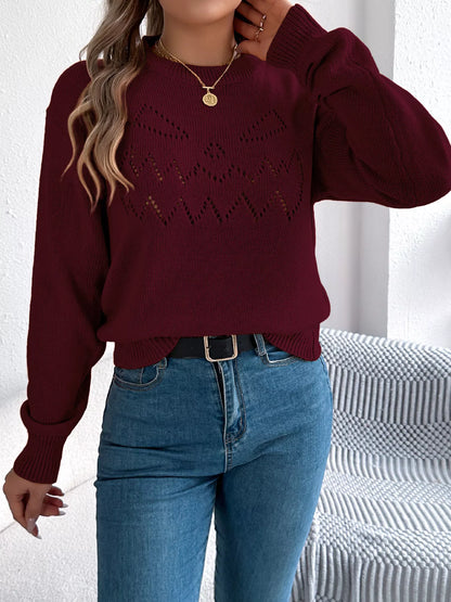 Openwork Round Neck Long Sleeve Sweater Burgundy