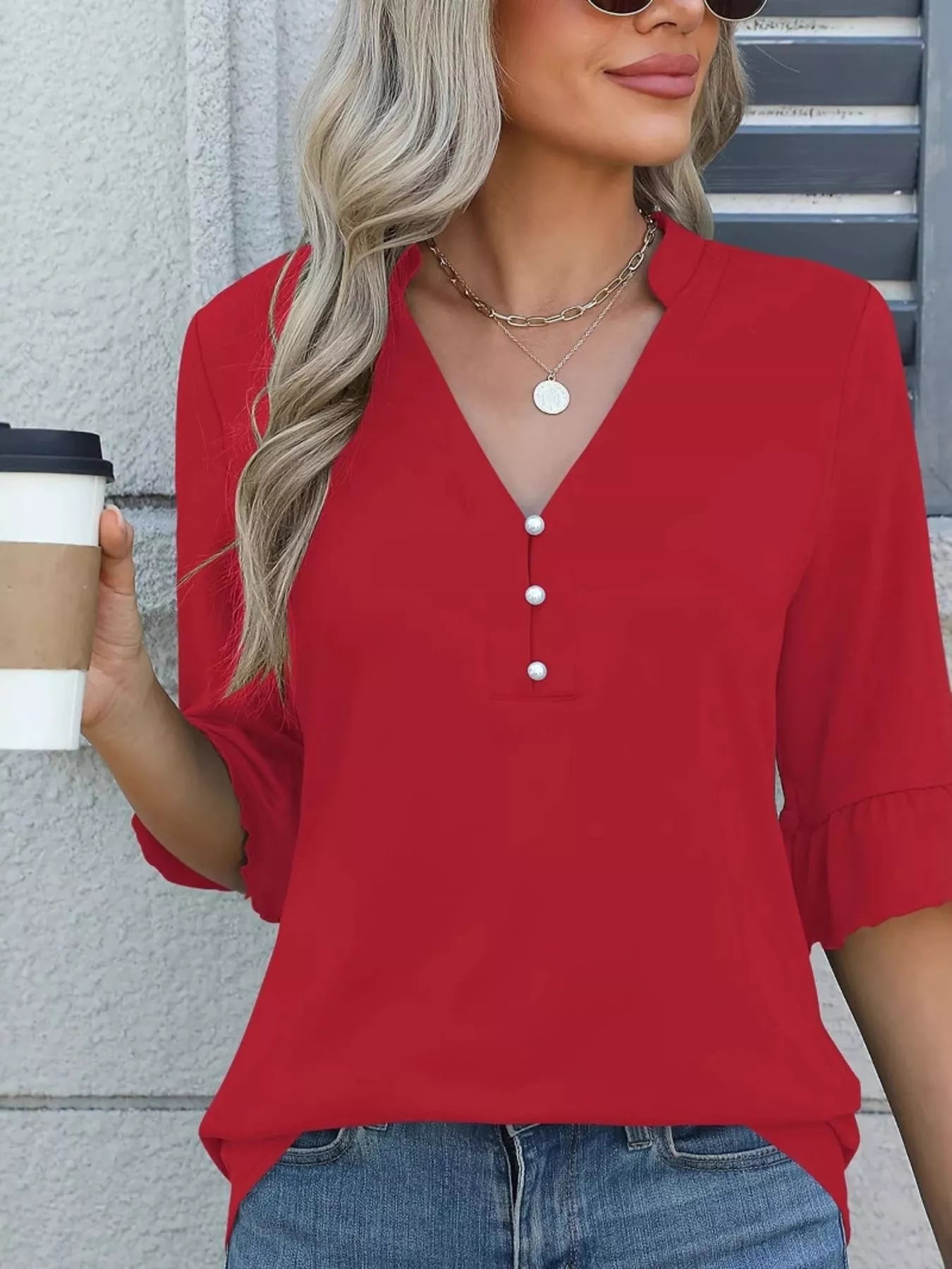 Full Size Notched Flounce Sleeve Blouse Plus Size Red