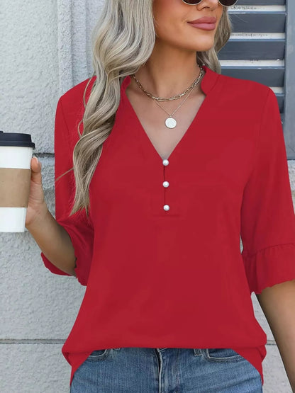 Full Size Notched Flounce Sleeve Blouse Plus Size Red