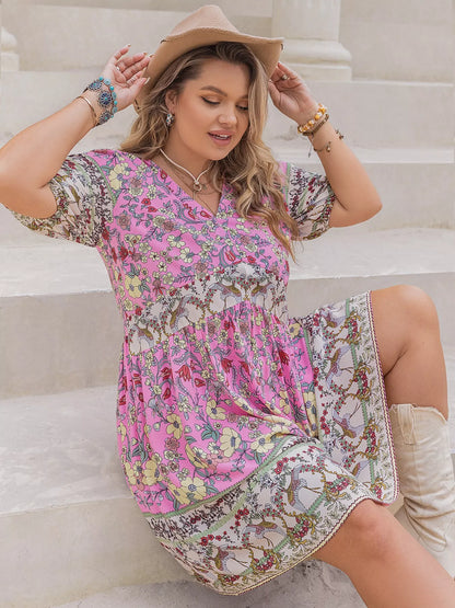 Plus Size Floral Print V-Neck Puff Sleeve Summer Dress