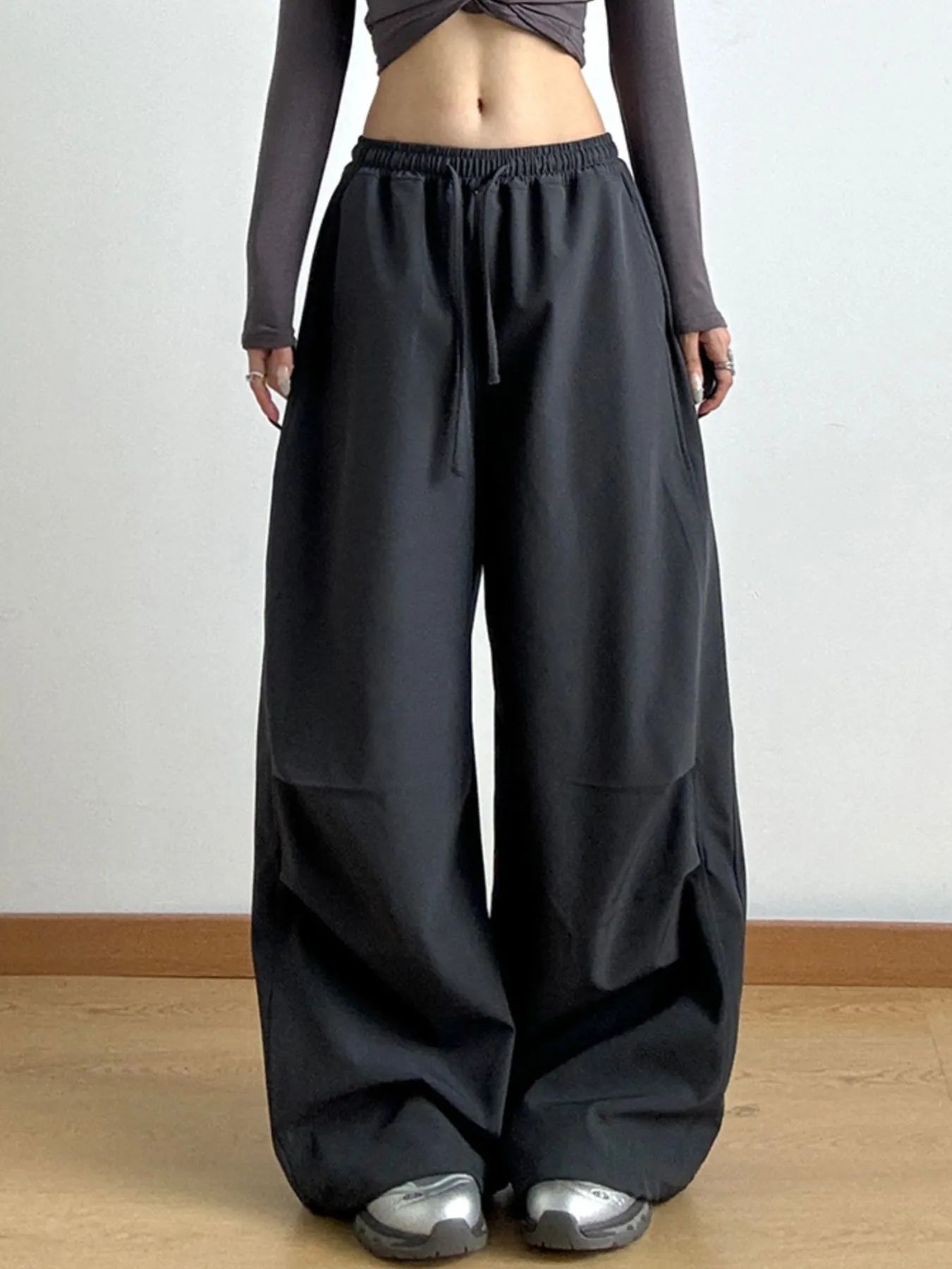 Wide Leg Pants with Drawstring Waist Dark Gray