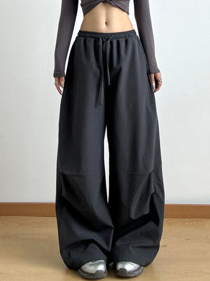 Wide Leg Pants with Drawstring Waist Dark Gray