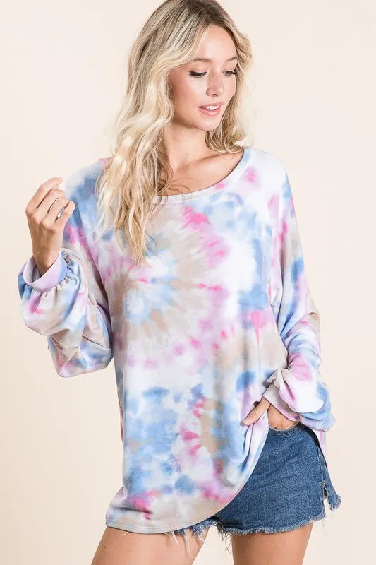 BiBi Tie Dye Print Terry Top With Puff Sleeves BLUE MULTI