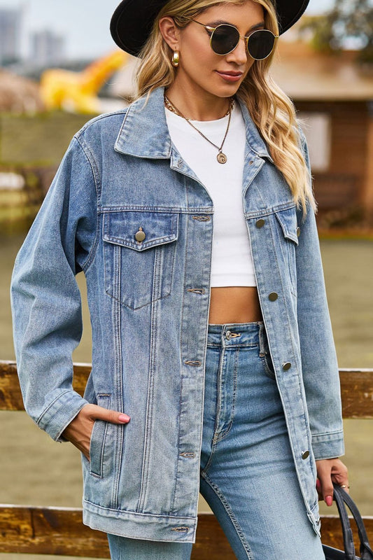 Buttoned Collared Neck Denim Jacket with Pockets Medium