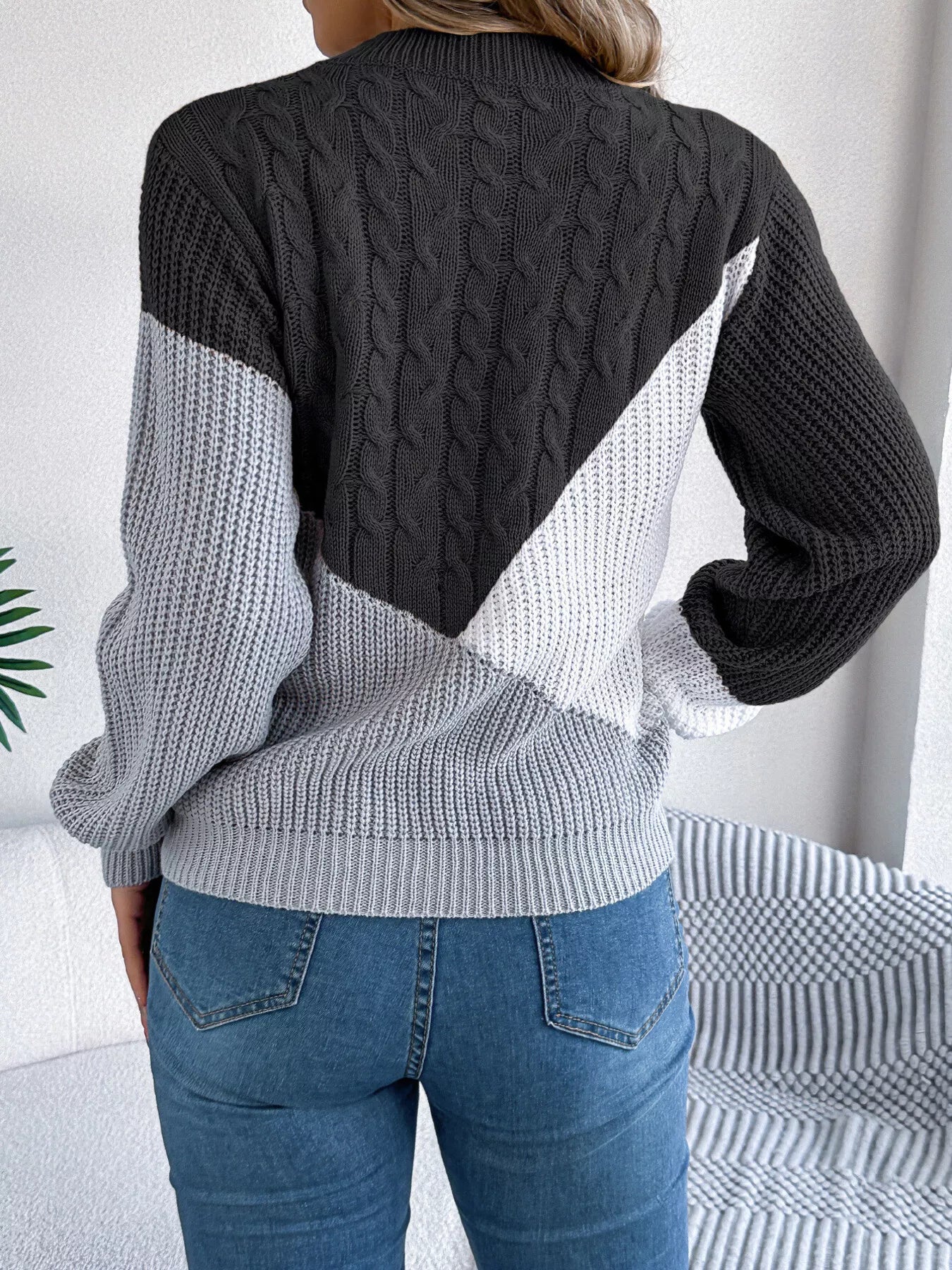 Color Block Cable Knit Long Sleeve Sweater