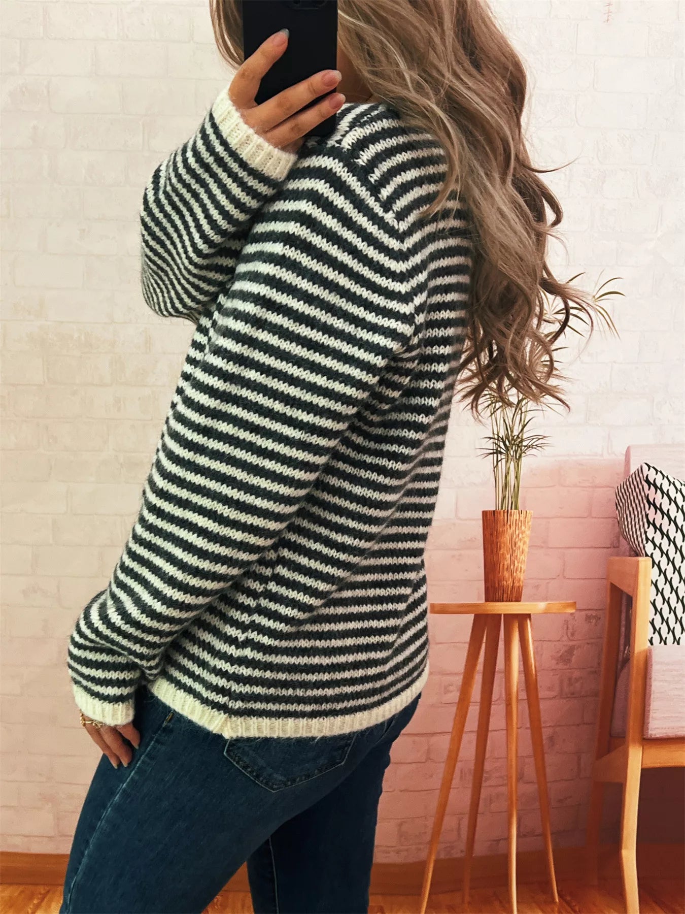 Striped Button Detail Long Sleeve Sweater