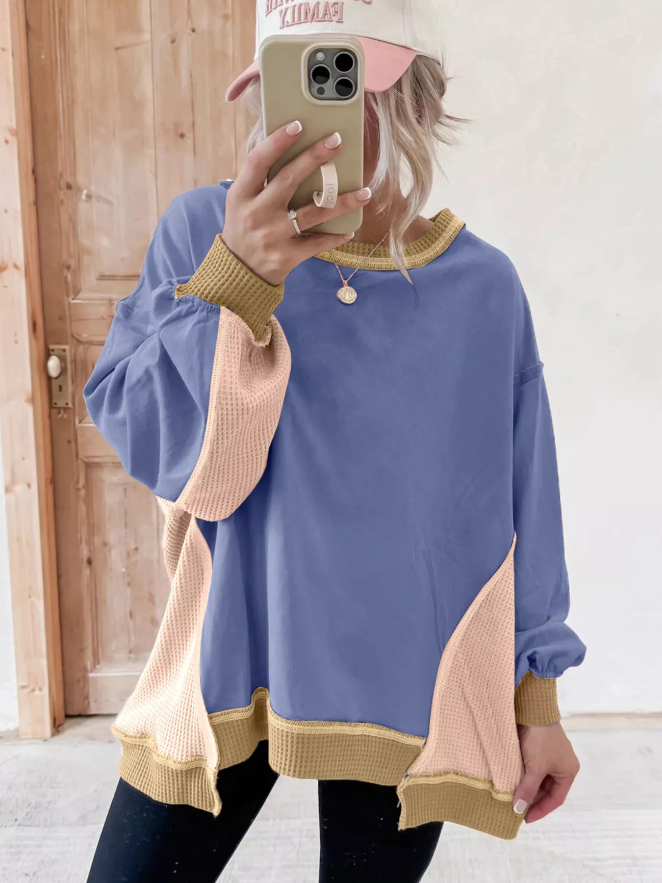 Color Block Waffle Knit Long Sleeve Sweatshirt