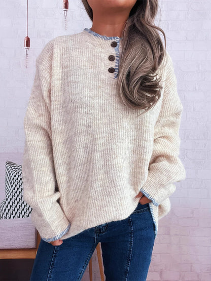 Ribbed Button Detail Long Sleeve Sweater