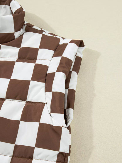 Double Checked Stand Collar Cropped Puffer Vest