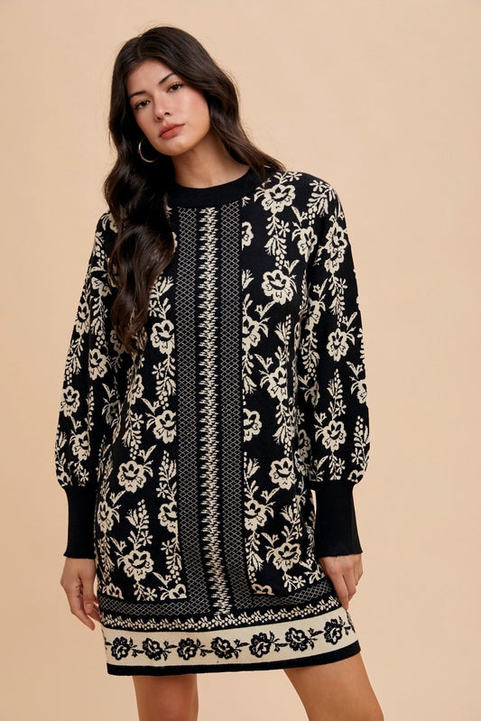 Annie Wear Floral Jacquard Round Neck Sweater Dress Black Oatmeal